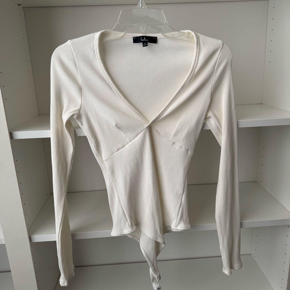 LULUS White Always Aesthetic Ivory Ribbed Long Sleeve Bodysuit - Picture 5 of 7